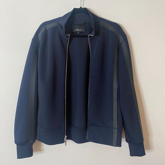 3.1 Phillip Lim Dark Navy Blue Track Jacket Zip Front Black Stripe Piping Medium - Picture 2 of 10